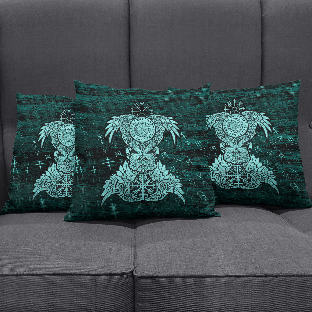 Valknut Ravens and Vegvisir Helm of Awe Pillow Cover Viking Nordic Celtic Knotwork Turquoise Runic Art