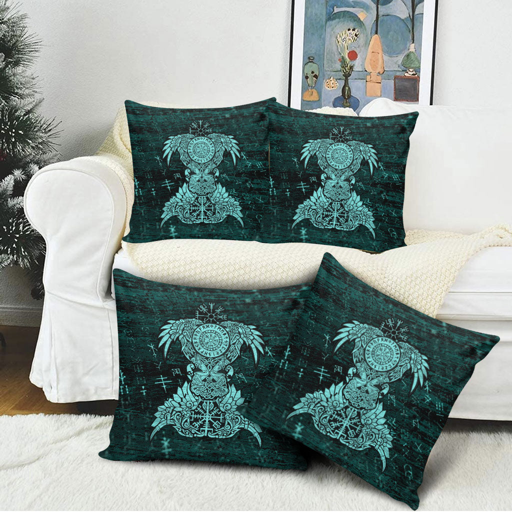Valknut Ravens and Vegvisir Helm of Awe Pillow Cover Viking Nordic Celtic Knotwork Turquoise Runic Art
