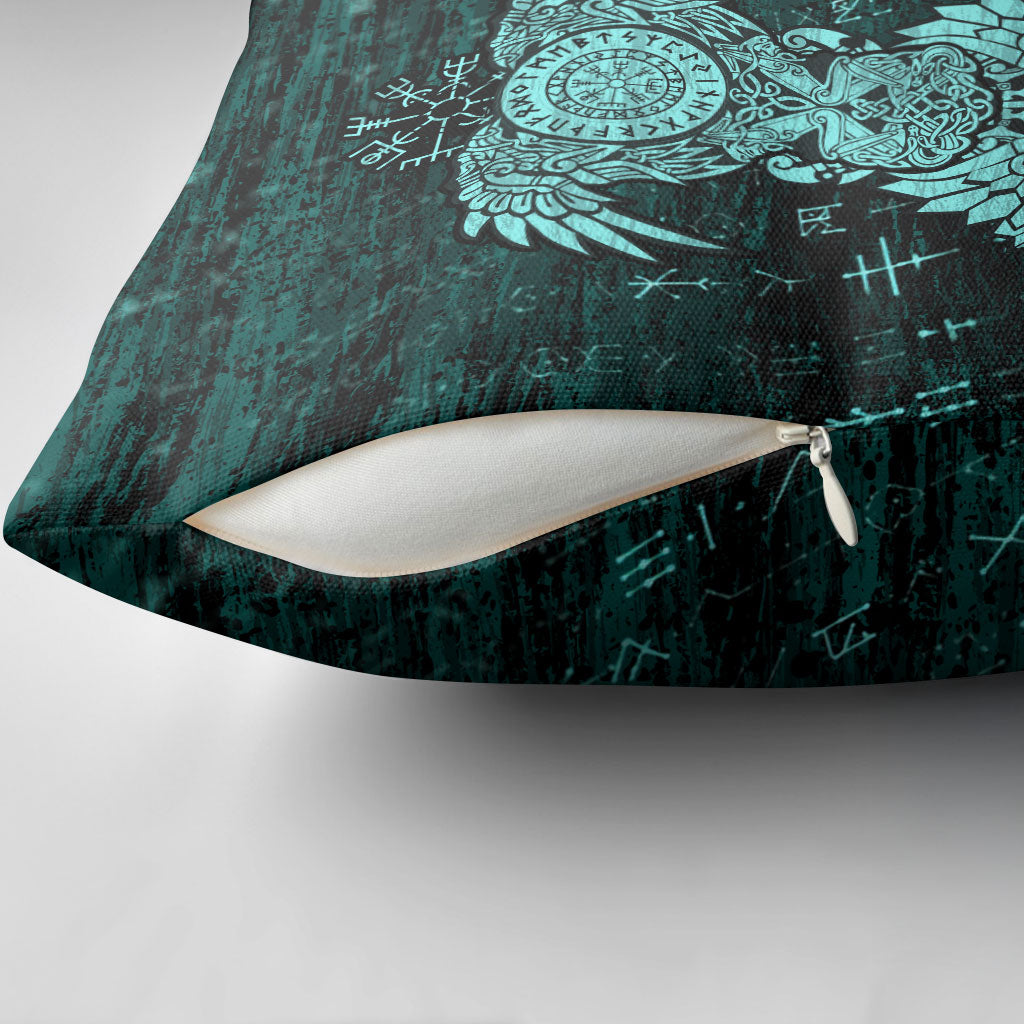 Valknut Ravens and Vegvisir Helm of Awe Pillow Cover Viking Nordic Celtic Knotwork Turquoise Runic Art