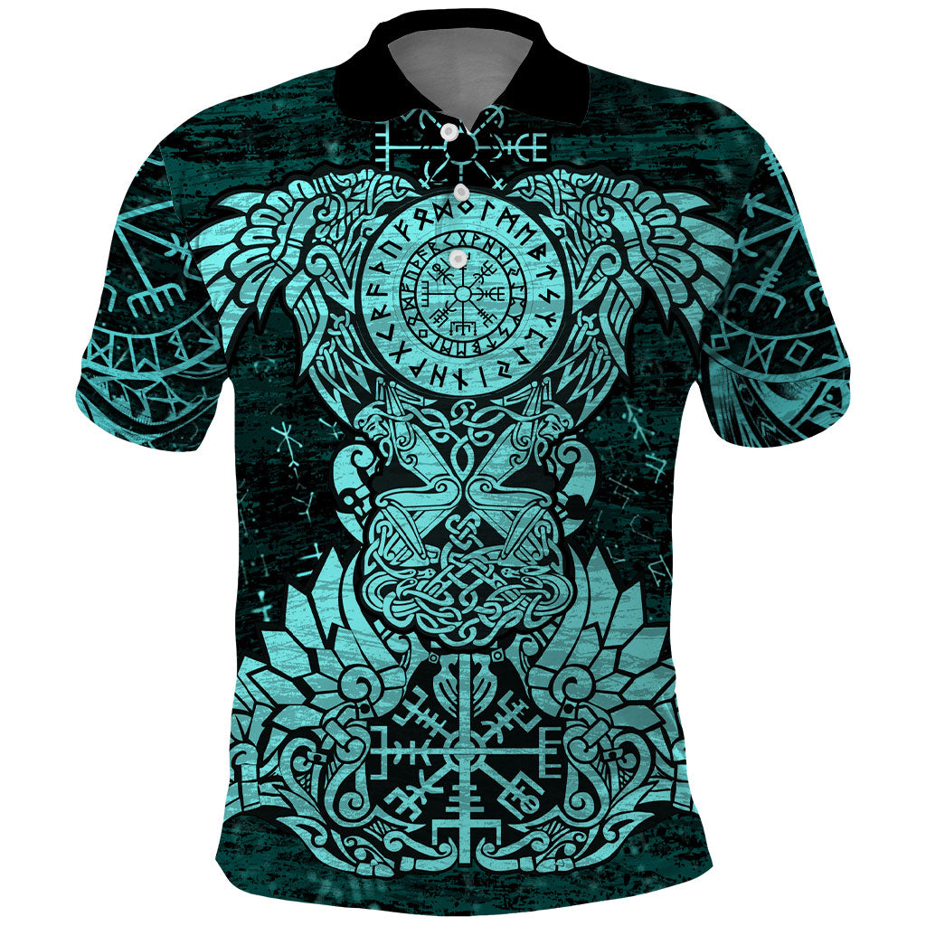 Valknut Ravens and Vegvisir Helm of Awe Polo Shirt Viking Nordic Celtic Knotwork Turquoise Runic Art