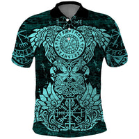 Valknut Ravens and Vegvisir Helm of Awe Polo Shirt Viking Nordic Celtic Knotwork Turquoise Runic Art