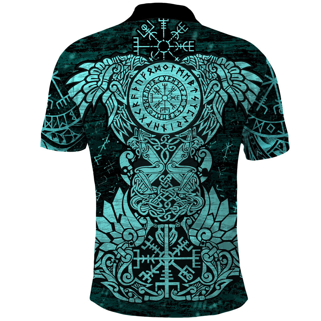 Valknut Ravens and Vegvisir Helm of Awe Polo Shirt Viking Nordic Celtic Knotwork Turquoise Runic Art