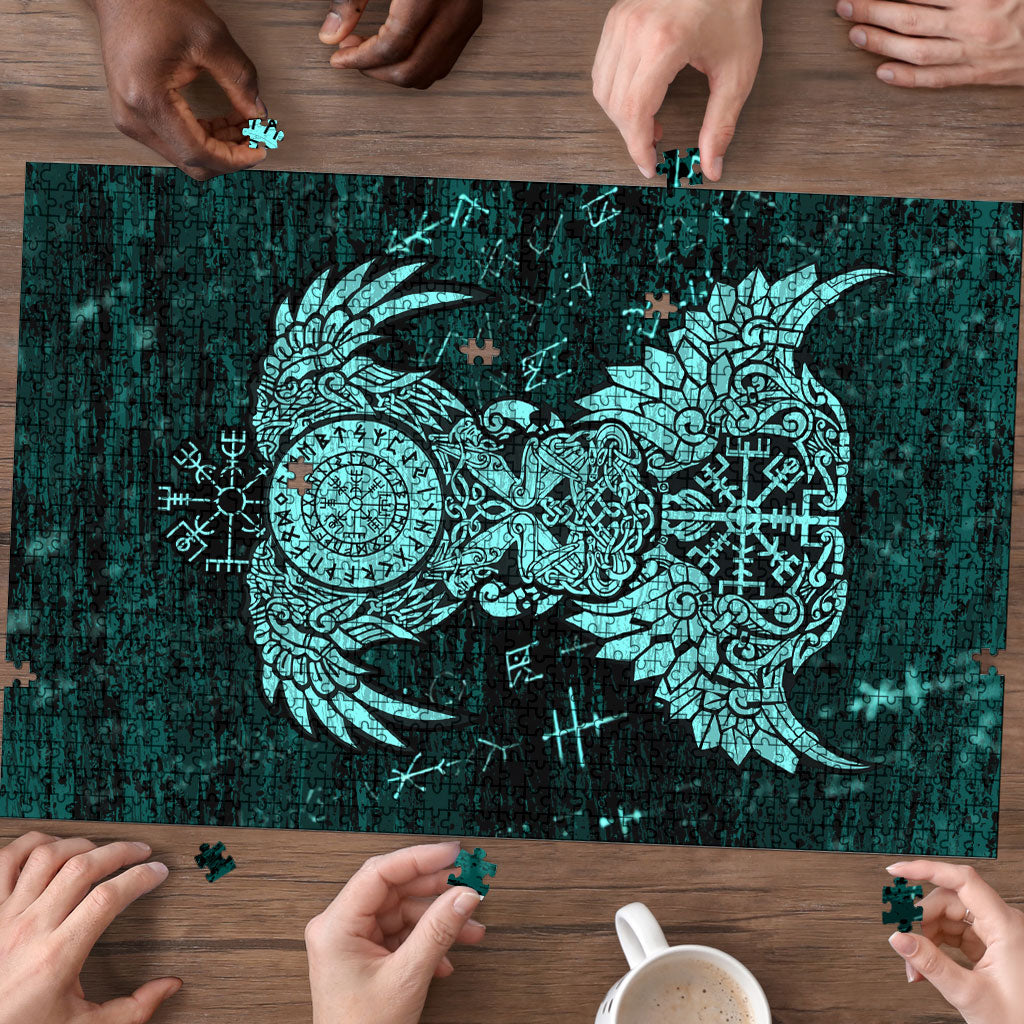 Valknut Ravens and Vegvisir Helm of Awe Puzzle Viking Nordic Celtic Knotwork Turquoise Runic Art