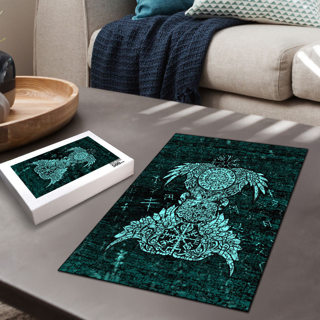 Valknut Ravens and Vegvisir Helm of Awe Puzzle Viking Nordic Celtic Knotwork Turquoise Runic Art