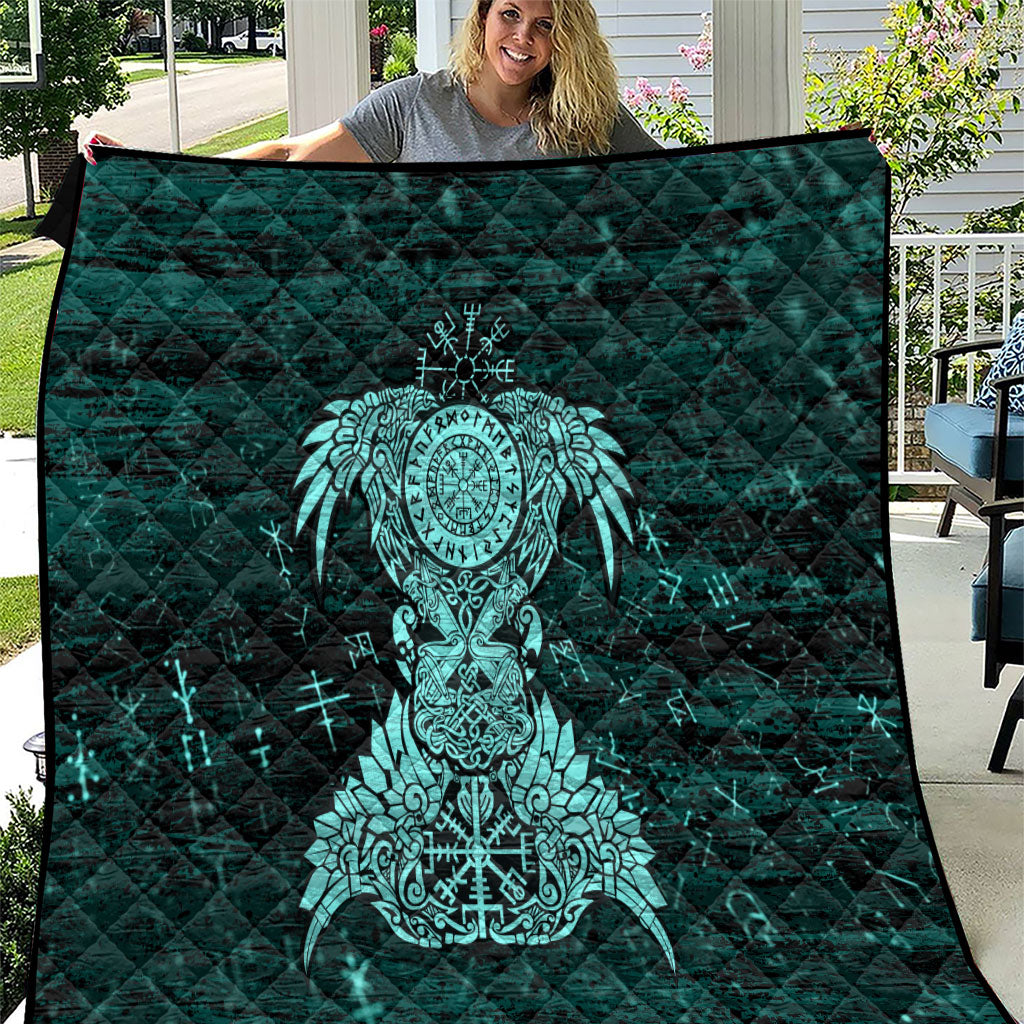 Valknut Ravens and Vegvisir Helm of Awe Quilt Viking Nordic Celtic Knotwork Turquoise Runic Art
