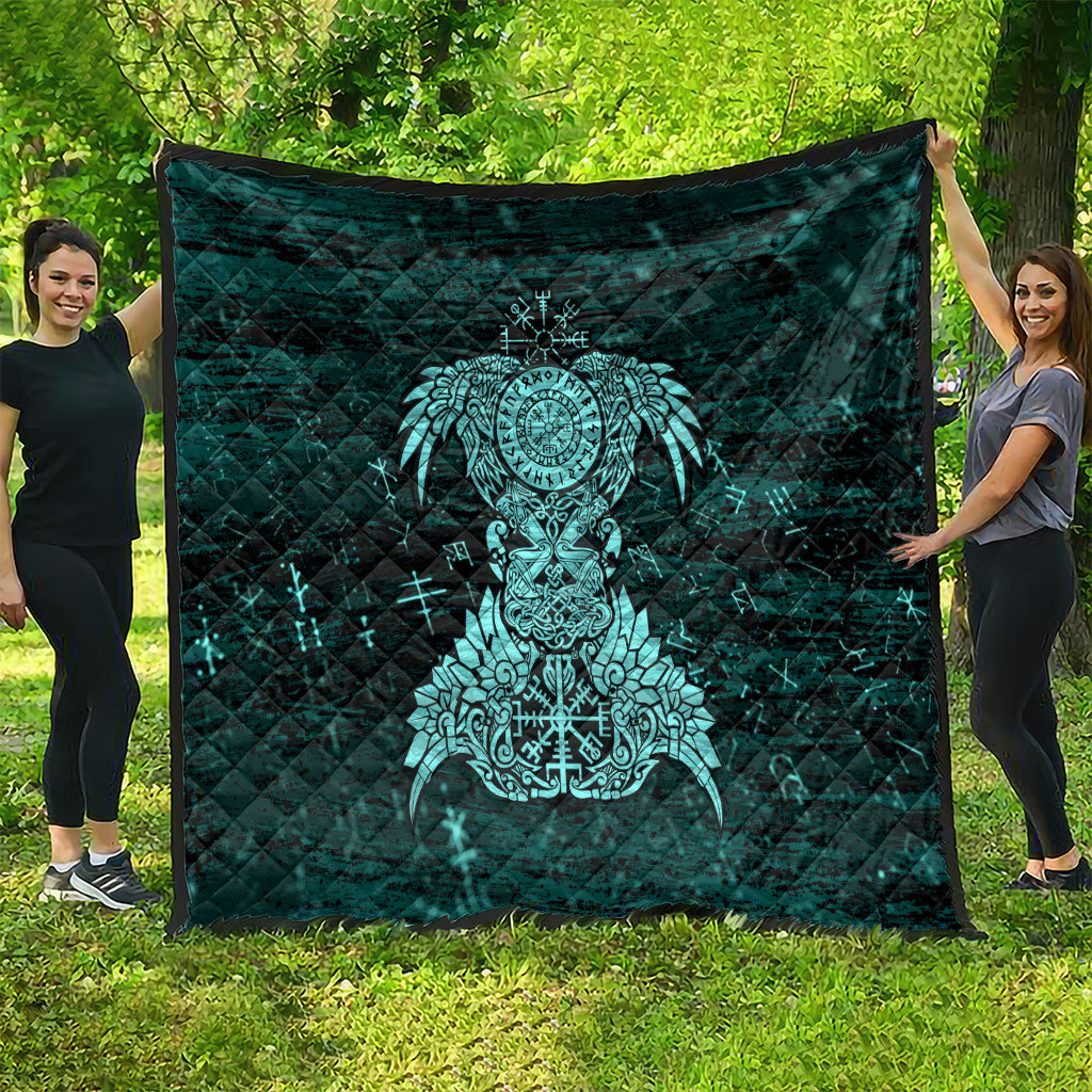Valknut Ravens and Vegvisir Helm of Awe Quilt Viking Nordic Celtic Knotwork Turquoise Runic Art