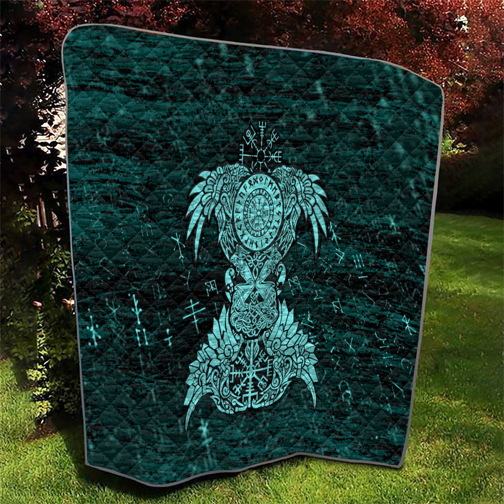 Valknut Ravens and Vegvisir Helm of Awe Quilt Viking Nordic Celtic Knotwork Turquoise Runic Art