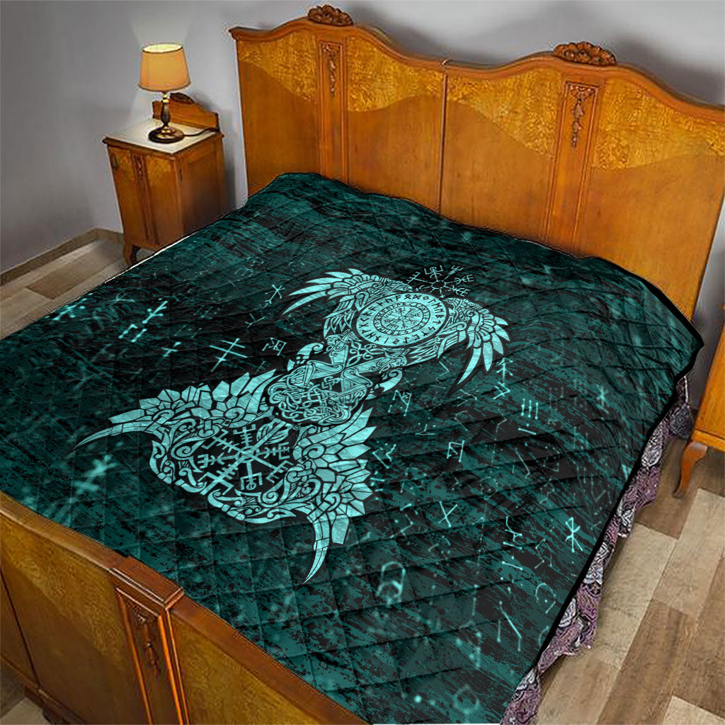 Valknut Ravens and Vegvisir Helm of Awe Quilt Viking Nordic Celtic Knotwork Turquoise Runic Art