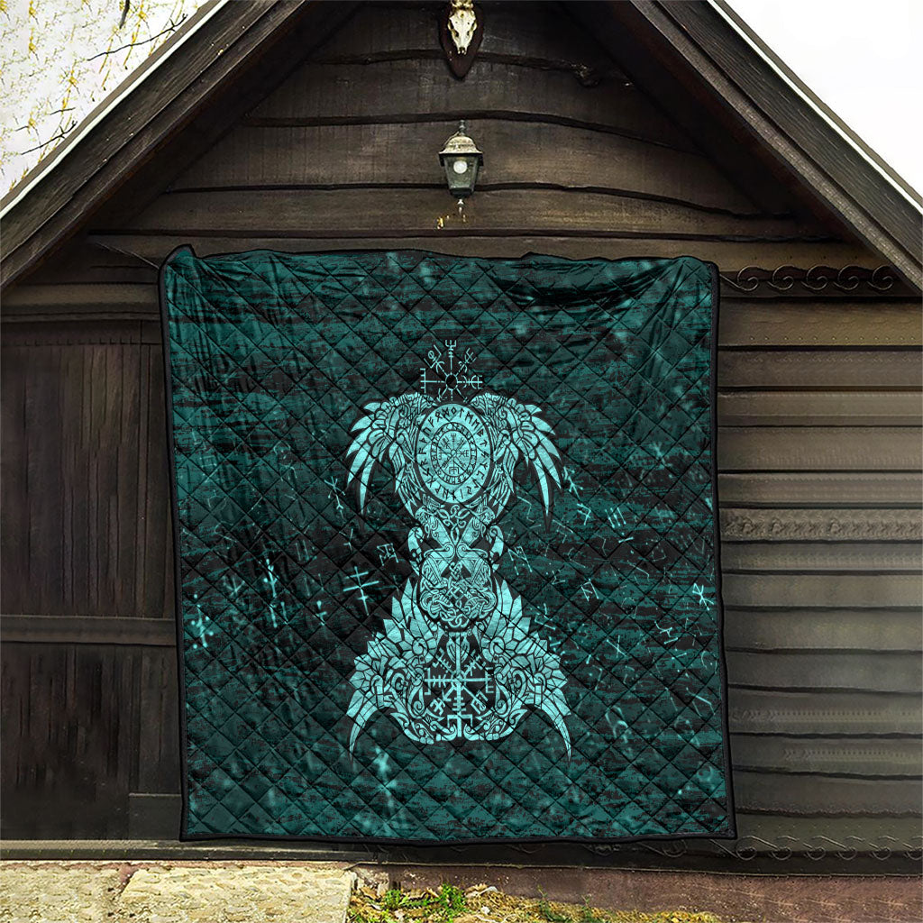 Valknut Ravens and Vegvisir Helm of Awe Quilt Viking Nordic Celtic Knotwork Turquoise Runic Art