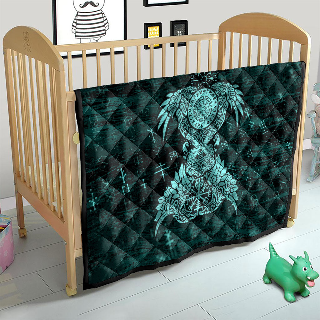 Valknut Ravens and Vegvisir Helm of Awe Quilt Viking Nordic Celtic Knotwork Turquoise Runic Art