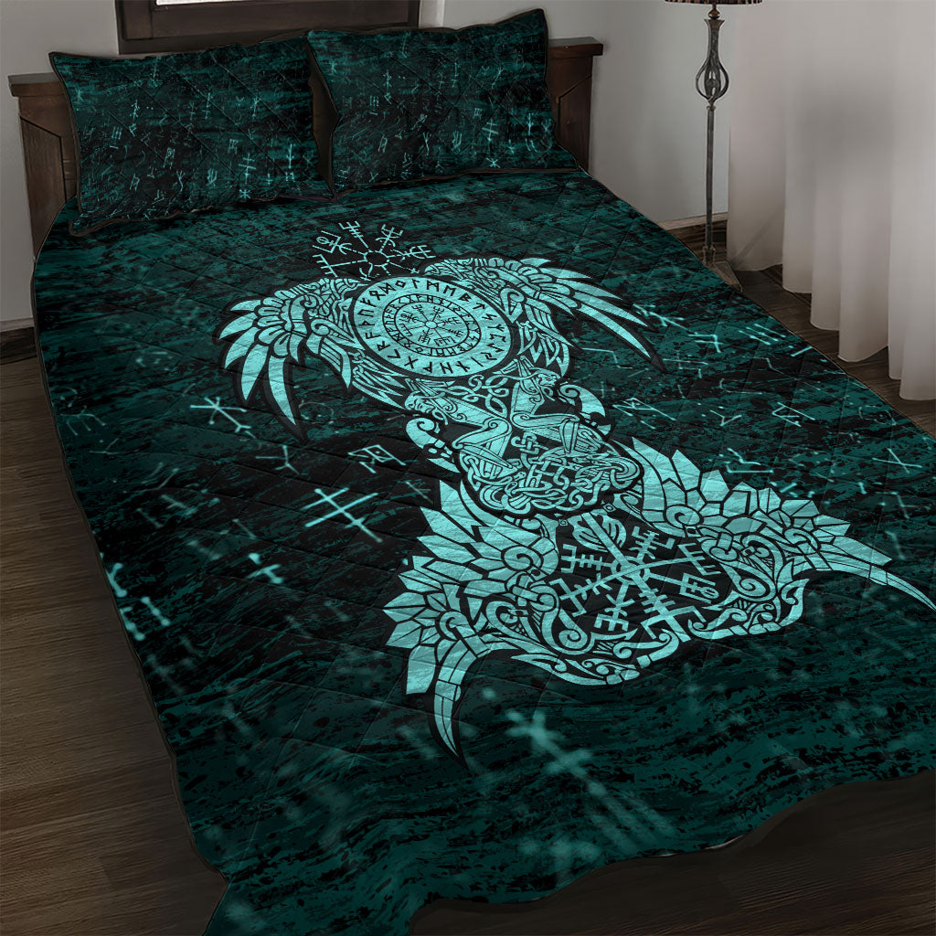 Valknut Ravens and Vegvisir Helm of Awe Quilt Bed Set Viking Nordic Celtic Knotwork Turquoise Runic Art