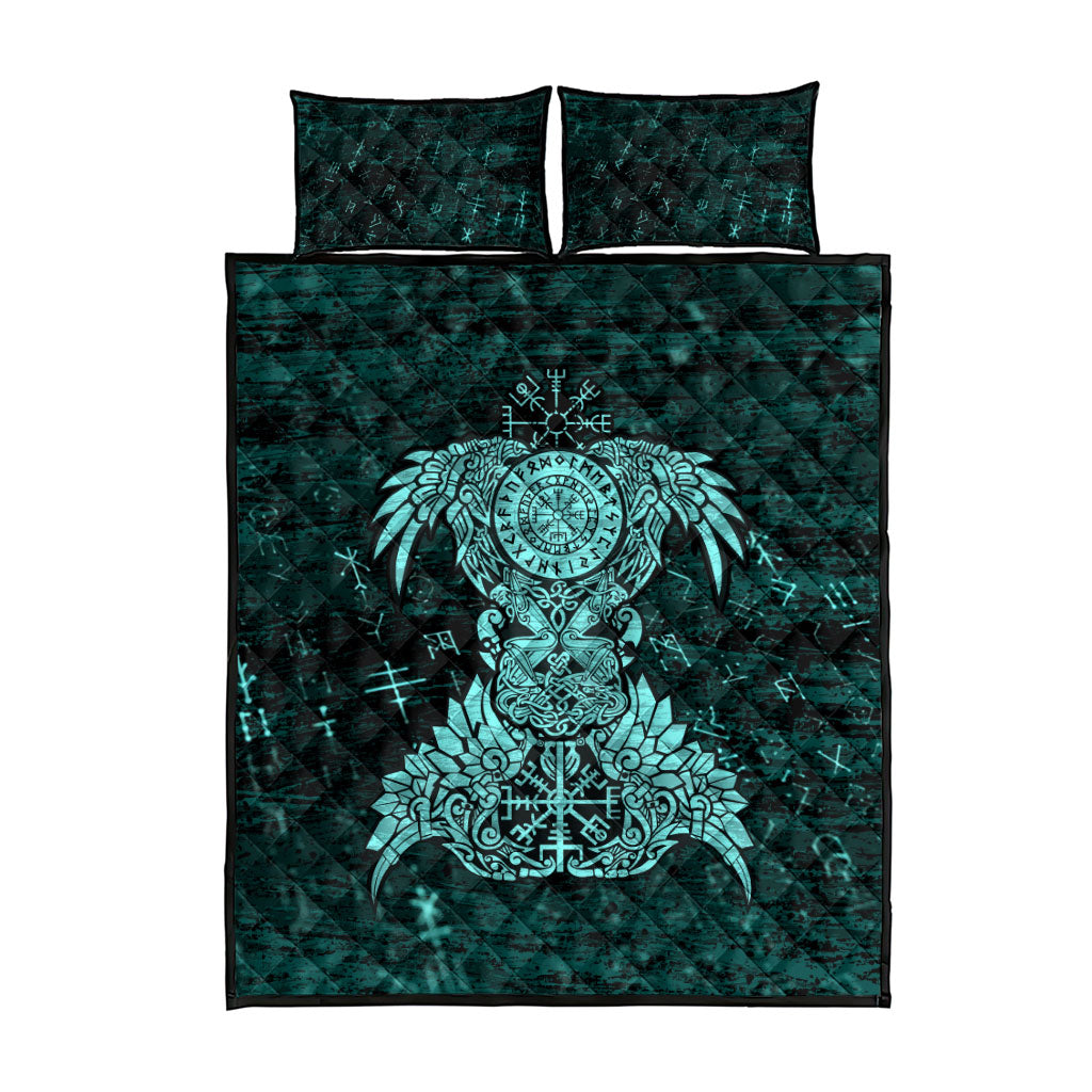 Valknut Ravens and Vegvisir Helm of Awe Quilt Bed Set Viking Nordic Celtic Knotwork Turquoise Runic Art