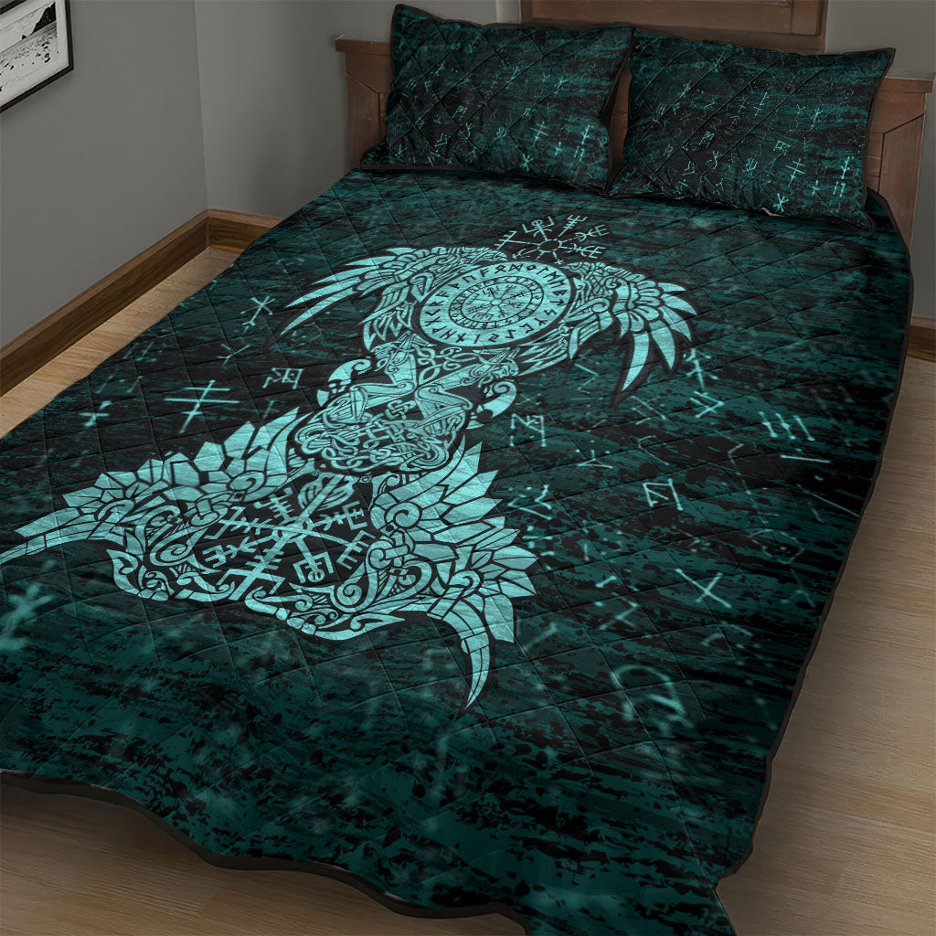 Valknut Ravens and Vegvisir Helm of Awe Quilt Bed Set Viking Nordic Celtic Knotwork Turquoise Runic Art