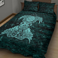 Valknut Ravens and Vegvisir Helm of Awe Quilt Bed Set Viking Nordic Celtic Knotwork Turquoise Runic Art