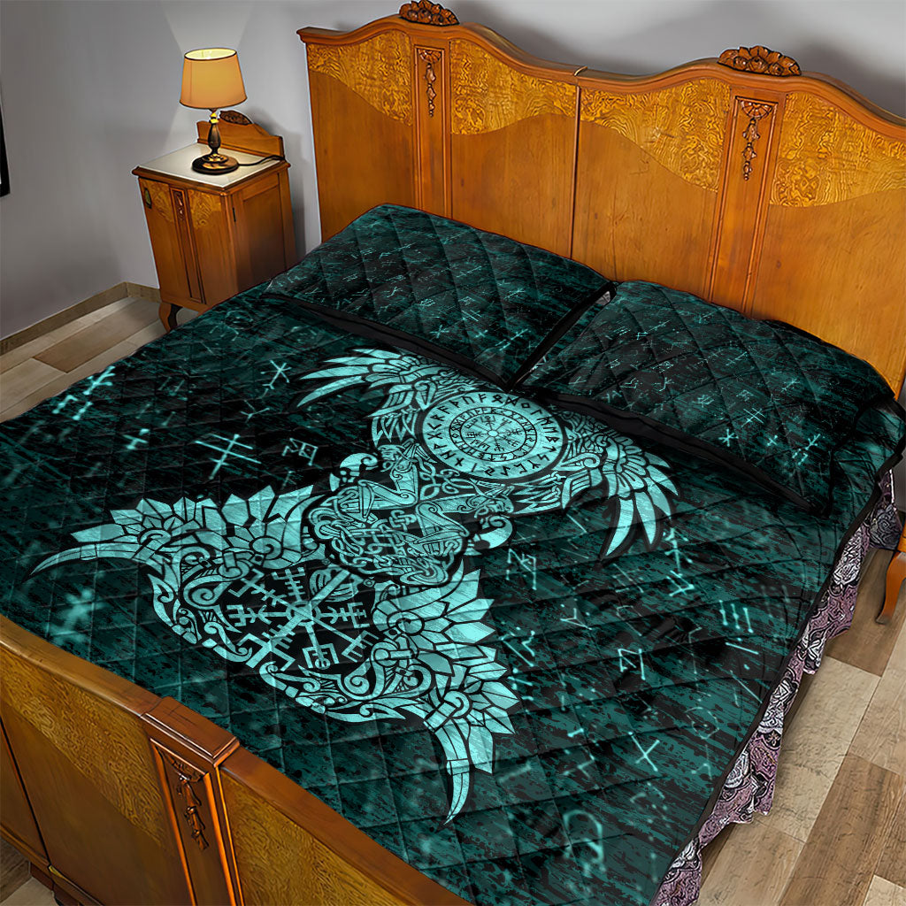 Valknut Ravens and Vegvisir Helm of Awe Quilt Bed Set Viking Nordic Celtic Knotwork Turquoise Runic Art