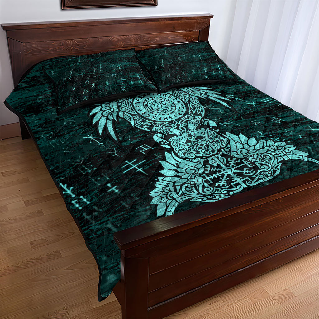 Valknut Ravens and Vegvisir Helm of Awe Quilt Bed Set Viking Nordic Celtic Knotwork Turquoise Runic Art