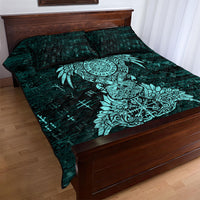 Valknut Ravens and Vegvisir Helm of Awe Quilt Bed Set Viking Nordic Celtic Knotwork Turquoise Runic Art