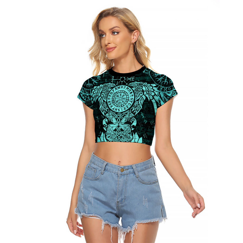 Valknut Ravens and Vegvisir Helm of Awe Raglan Cropped T Shirt Viking Nordic Celtic Knotwork Turquoise Runic Art