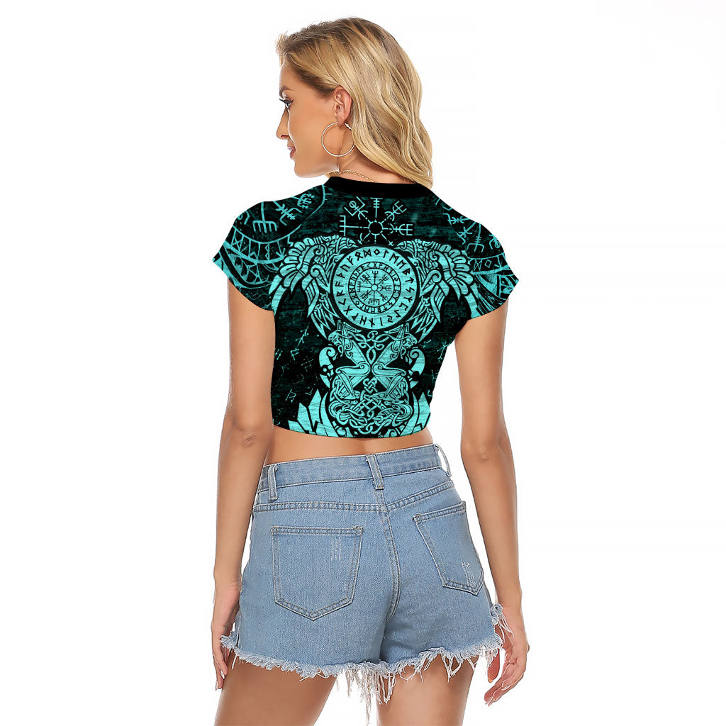 Valknut Ravens and Vegvisir Helm of Awe Raglan Cropped T Shirt Viking Nordic Celtic Knotwork Turquoise Runic Art