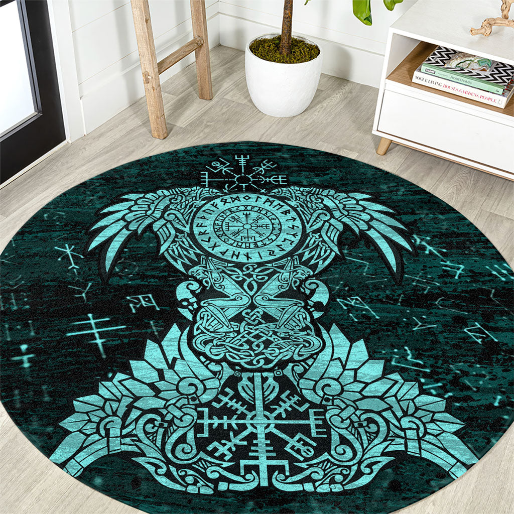 Valknut Ravens and Vegvisir Helm of Awe Round Carpet Viking Nordic Celtic Knotwork Turquoise Runic Art