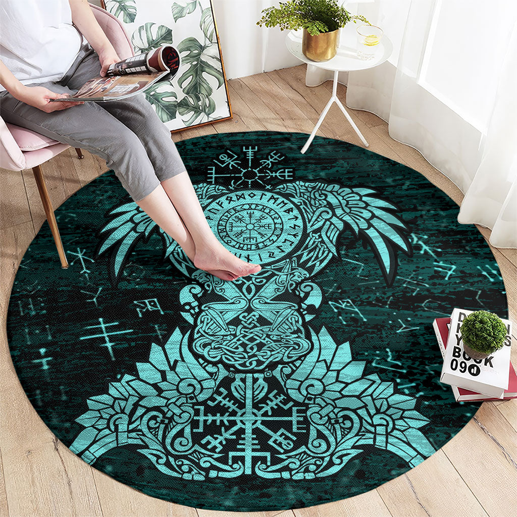 Valknut Ravens and Vegvisir Helm of Awe Round Carpet Viking Nordic Celtic Knotwork Turquoise Runic Art