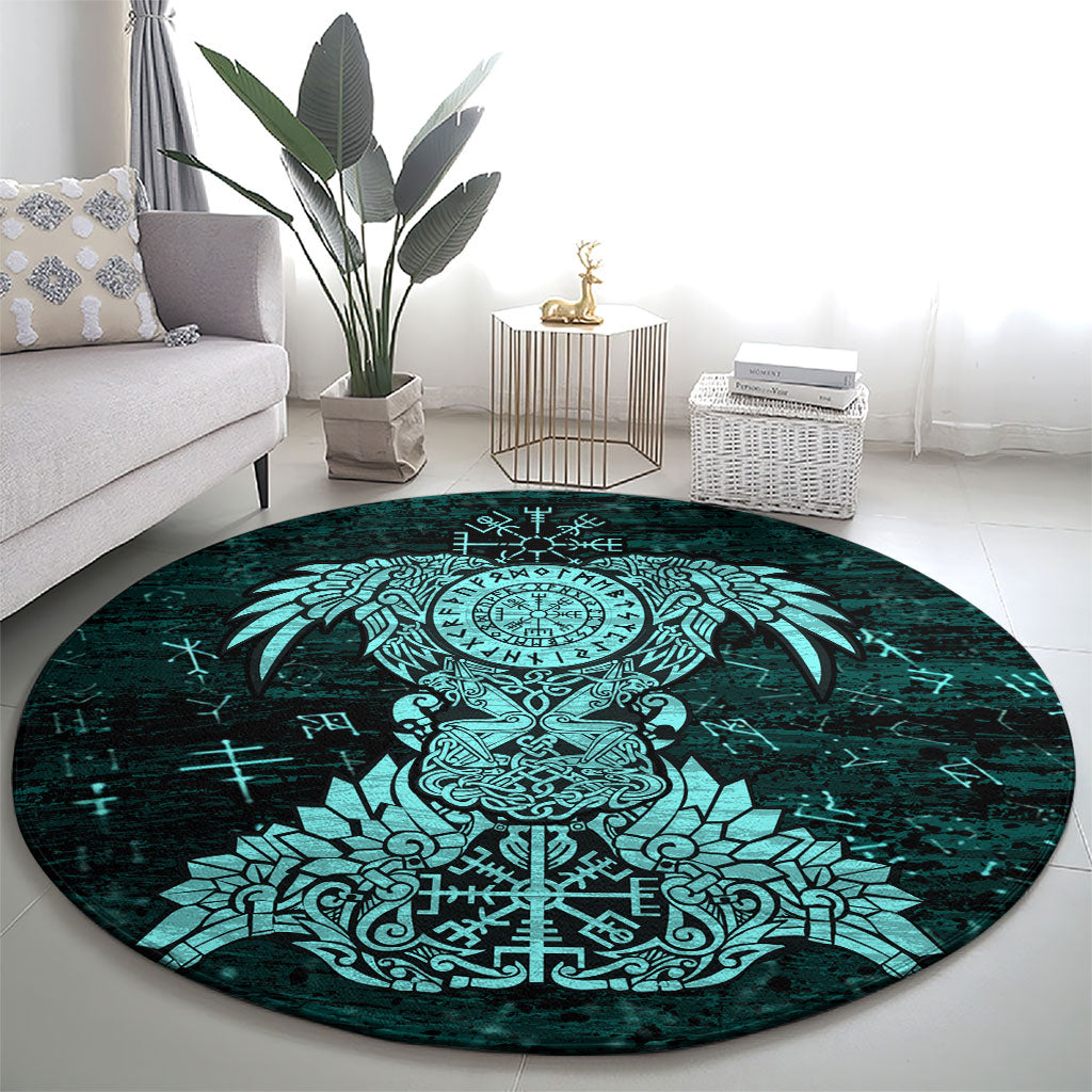 Valknut Ravens and Vegvisir Helm of Awe Round Carpet Viking Nordic Celtic Knotwork Turquoise Runic Art