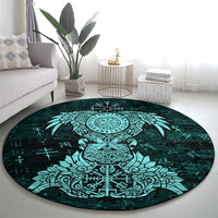 Valknut Ravens and Vegvisir Helm of Awe Round Carpet Viking Nordic Celtic Knotwork Turquoise Runic Art