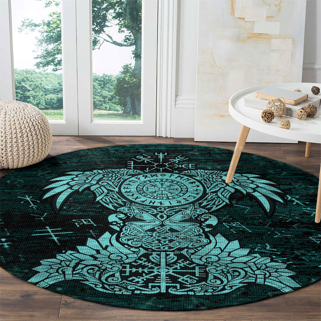 Valknut Ravens and Vegvisir Helm of Awe Round Carpet Viking Nordic Celtic Knotwork Turquoise Runic Art