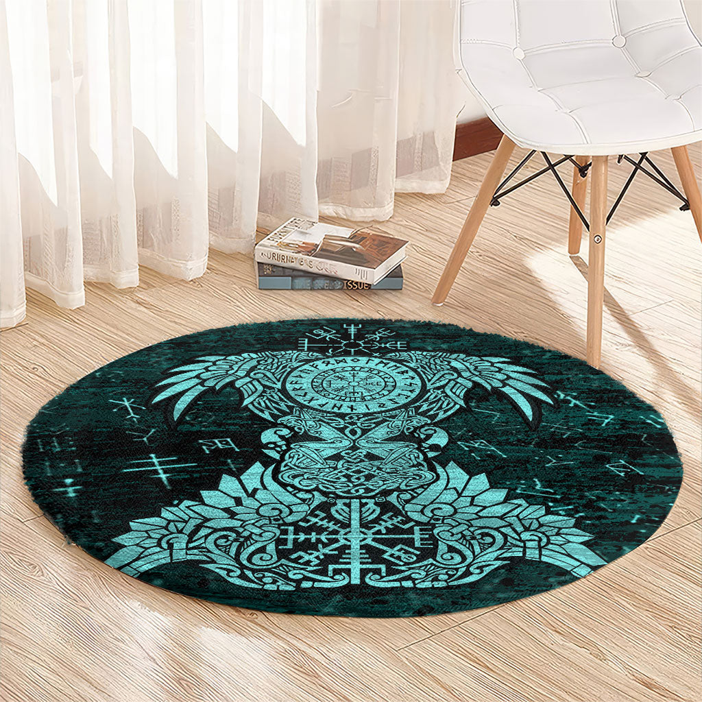 Valknut Ravens and Vegvisir Helm of Awe Round Carpet Viking Nordic Celtic Knotwork Turquoise Runic Art