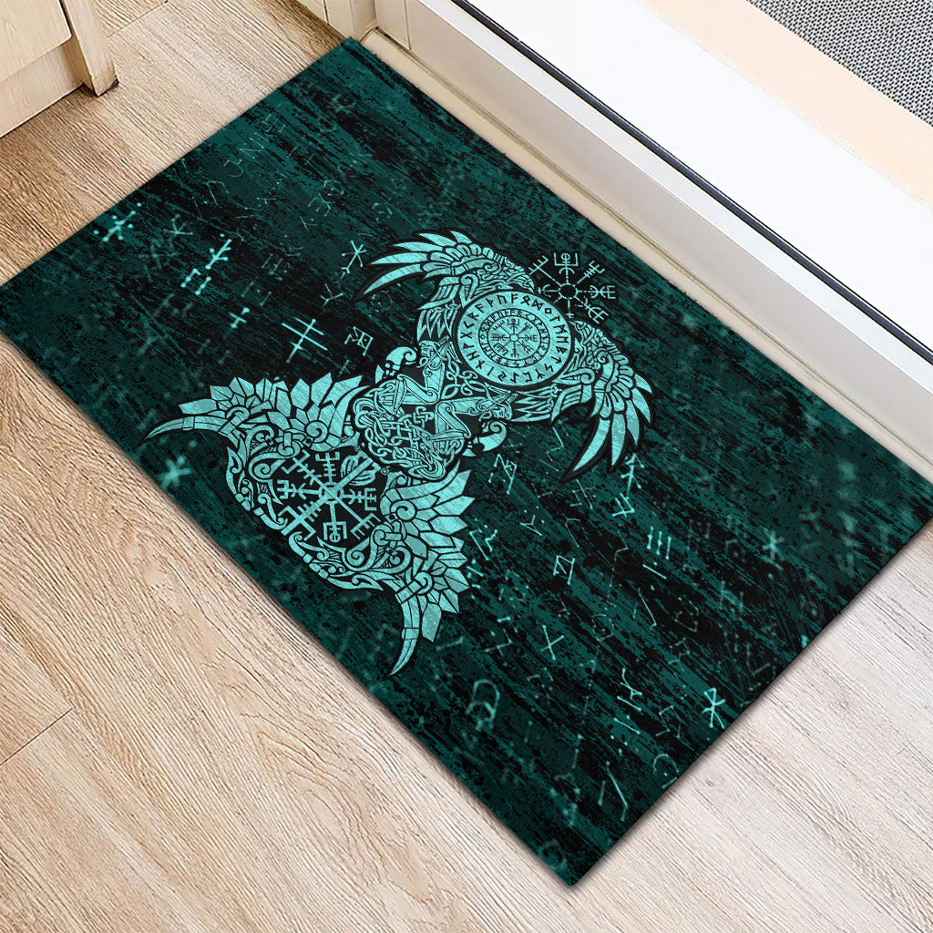 Valknut Ravens and Vegvisir Helm of Awe Rubber Doormat Viking Nordic Celtic Knotwork Turquoise Runic Art