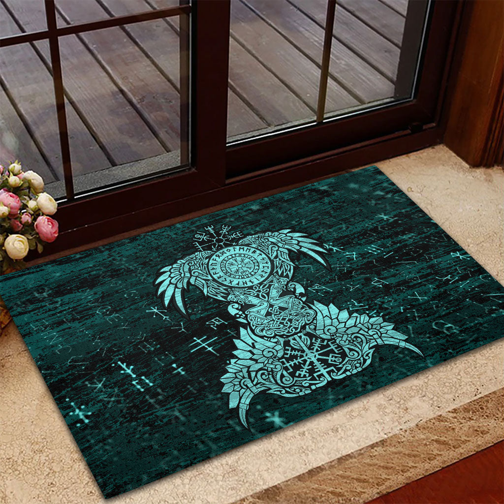 Valknut Ravens and Vegvisir Helm of Awe Rubber Doormat Viking Nordic Celtic Knotwork Turquoise Runic Art
