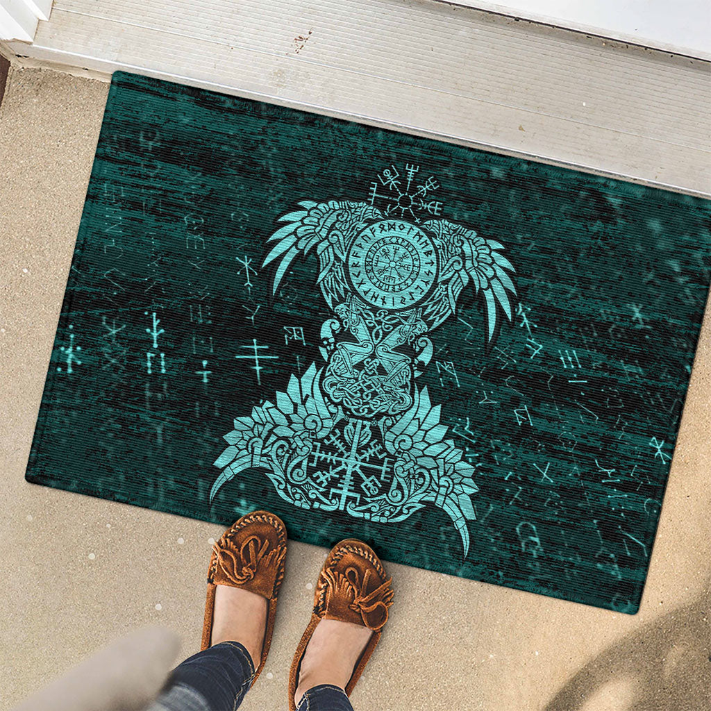 Valknut Ravens and Vegvisir Helm of Awe Rubber Doormat Viking Nordic Celtic Knotwork Turquoise Runic Art
