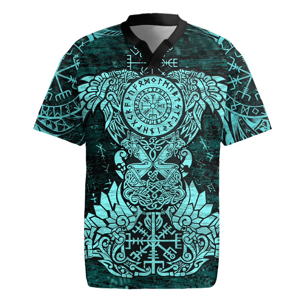 Valknut Ravens and Vegvisir Helm of Awe Rugby Jersey Viking Nordic Celtic Knotwork Turquoise Runic Art