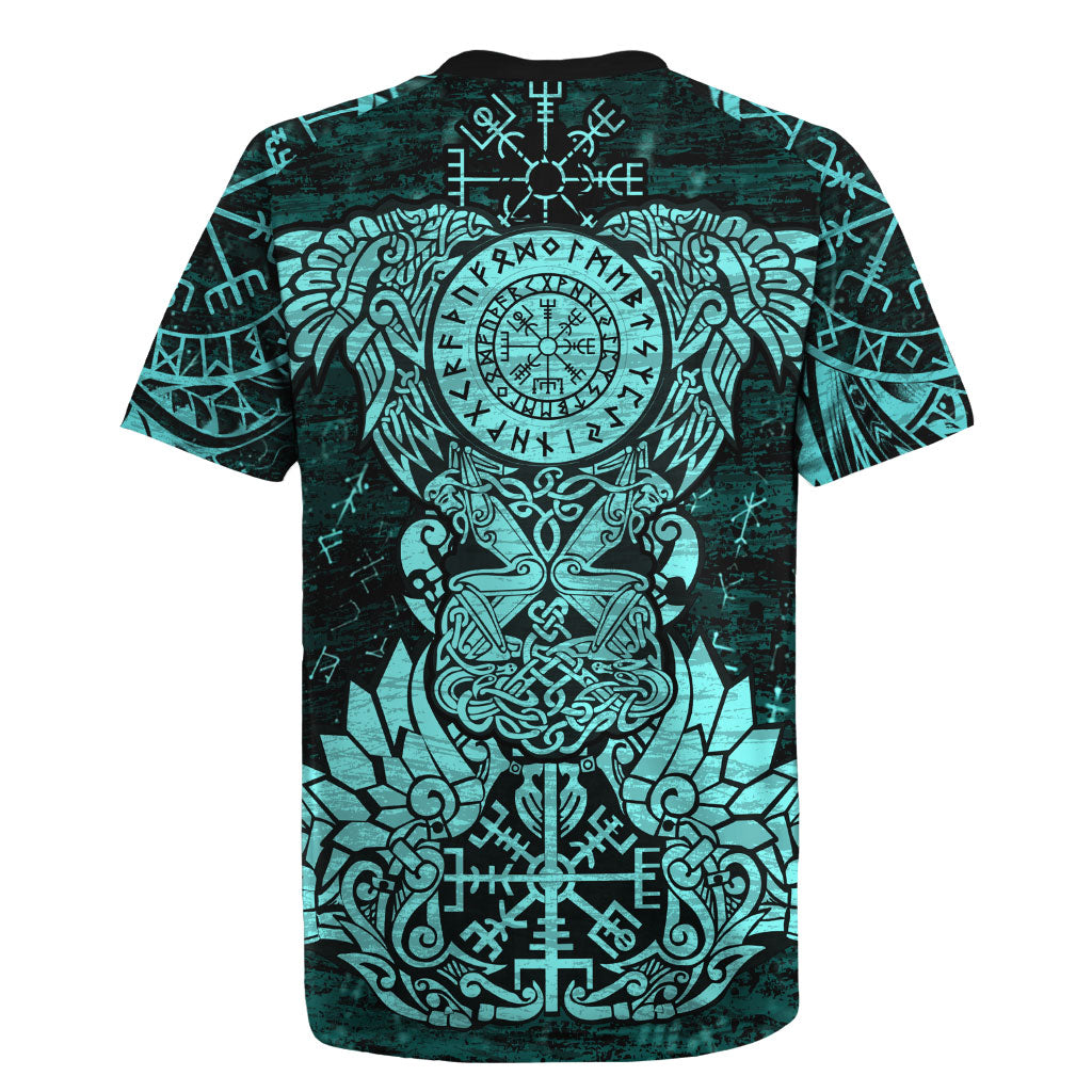 Valknut Ravens and Vegvisir Helm of Awe Rugby Jersey Viking Nordic Celtic Knotwork Turquoise Runic Art