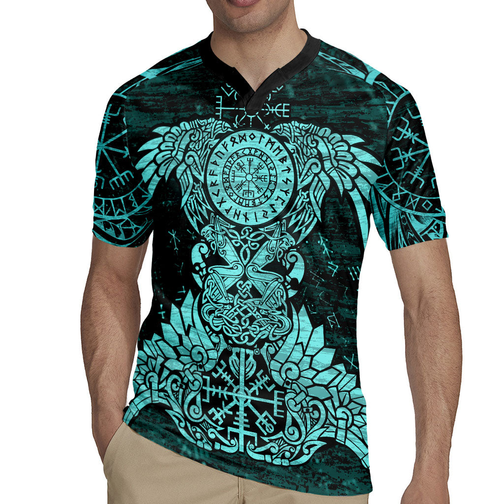 Valknut Ravens and Vegvisir Helm of Awe Rugby Jersey Viking Nordic Celtic Knotwork Turquoise Runic Art