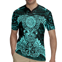 Valknut Ravens and Vegvisir Helm of Awe Rugby Jersey Viking Nordic Celtic Knotwork Turquoise Runic Art