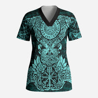 Valknut Ravens and Vegvisir Helm of Awe Scrub Top Viking Nordic Celtic Knotwork Turquoise Runic Art