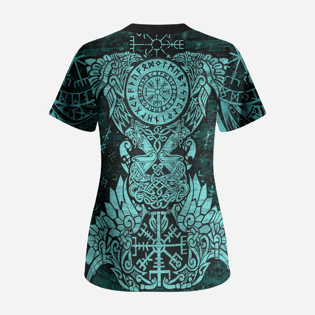 Valknut Ravens and Vegvisir Helm of Awe Scrub Top Viking Nordic Celtic Knotwork Turquoise Runic Art