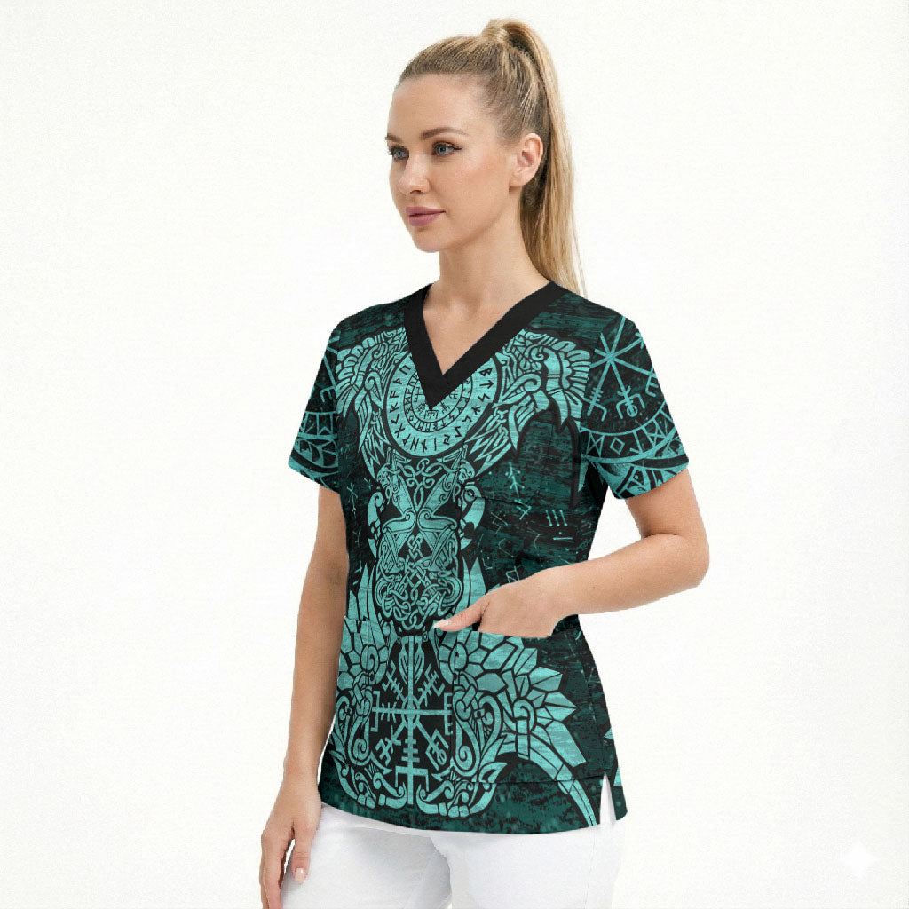 Valknut Ravens and Vegvisir Helm of Awe Scrub Top Viking Nordic Celtic Knotwork Turquoise Runic Art