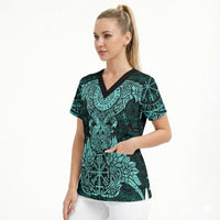Valknut Ravens and Vegvisir Helm of Awe Scrub Top Viking Nordic Celtic Knotwork Turquoise Runic Art