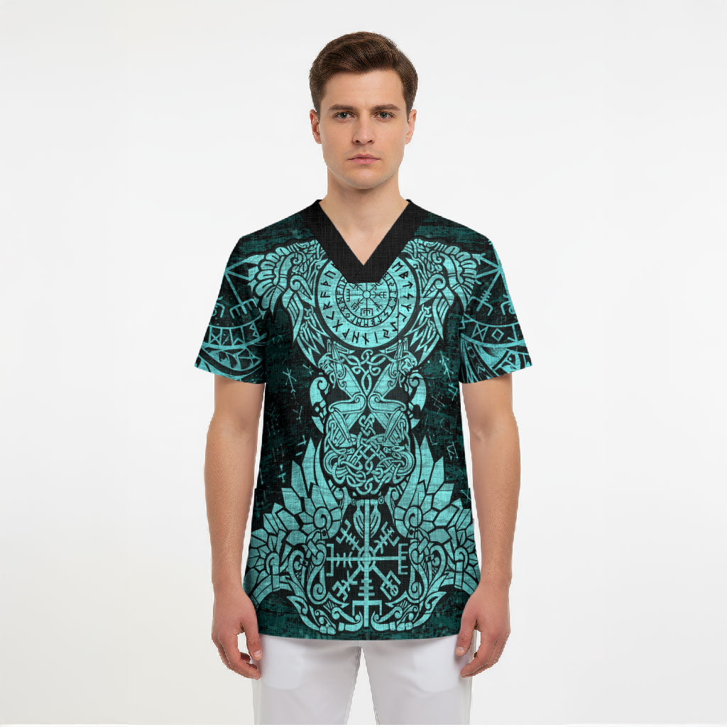 Valknut Ravens and Vegvisir Helm of Awe Scrub Top Viking Nordic Celtic Knotwork Turquoise Runic Art