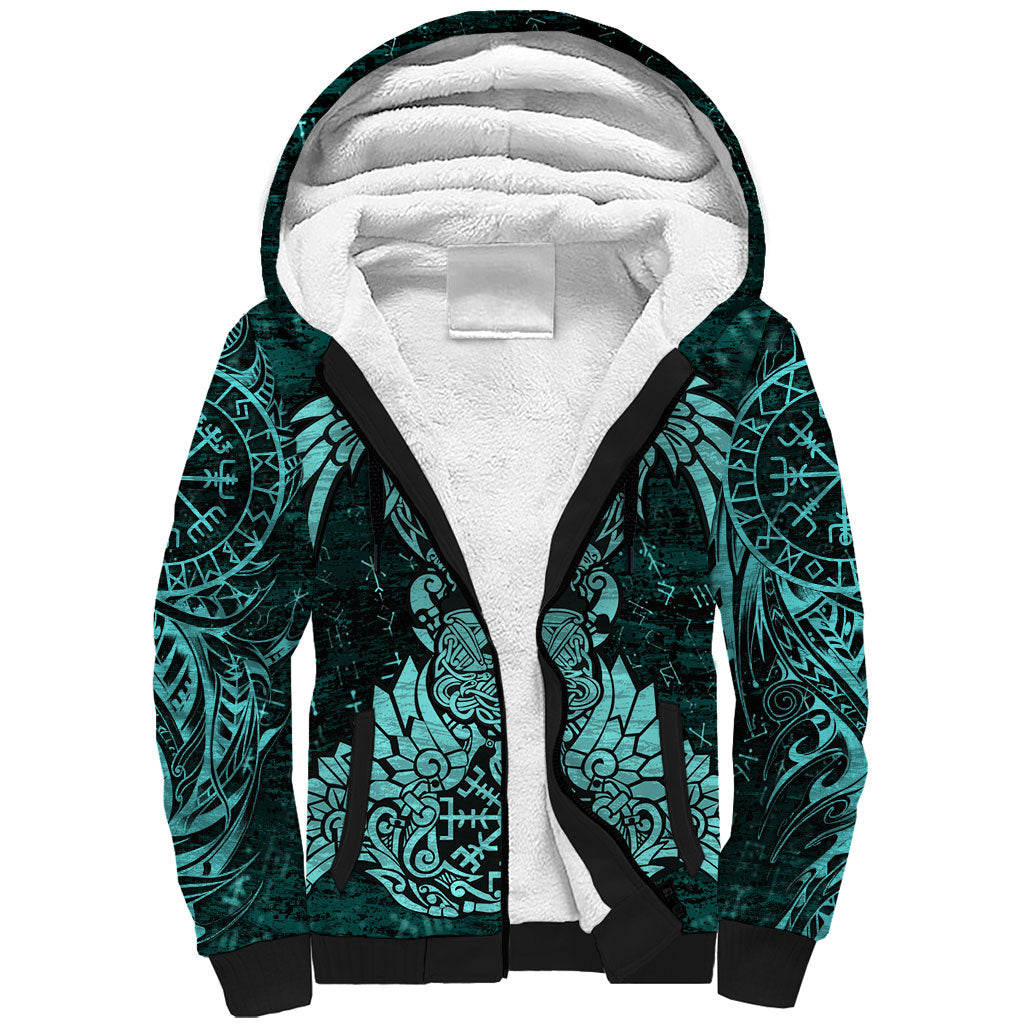 Valknut Ravens and Vegvisir Helm of Awe Sherpa Hoodie Viking Nordic Celtic Knotwork Turquoise Runic Art