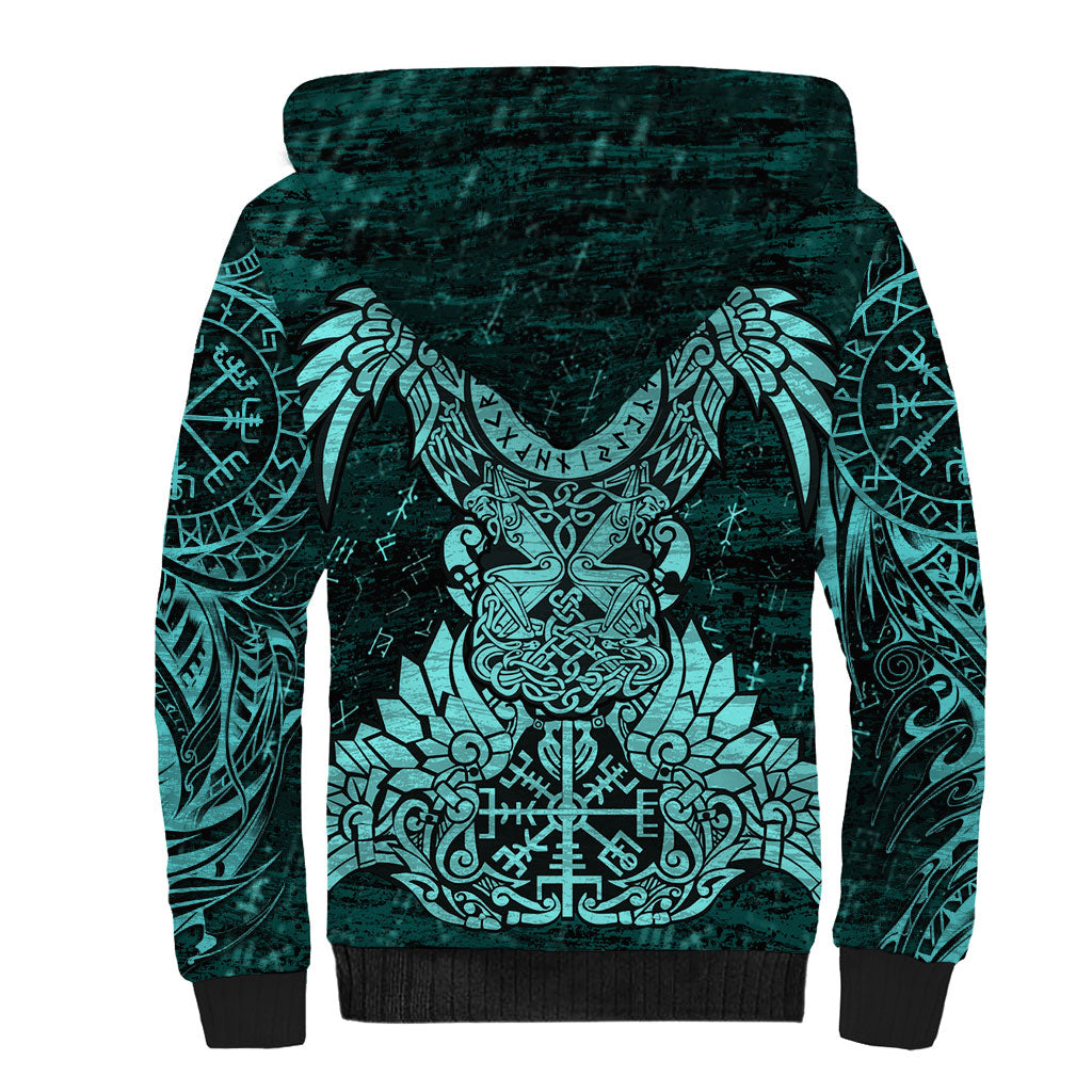 Valknut Ravens and Vegvisir Helm of Awe Sherpa Hoodie Viking Nordic Celtic Knotwork Turquoise Runic Art