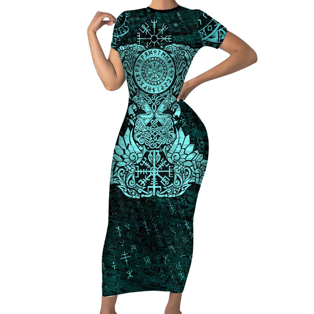 Valknut Ravens and Vegvisir Helm of Awe Short Sleeve Bodycon Dress Viking Nordic Celtic Knotwork Turquoise Runic Art