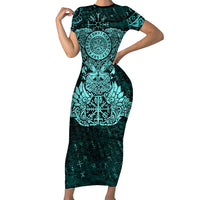 Valknut Ravens and Vegvisir Helm of Awe Short Sleeve Bodycon Dress Viking Nordic Celtic Knotwork Turquoise Runic Art