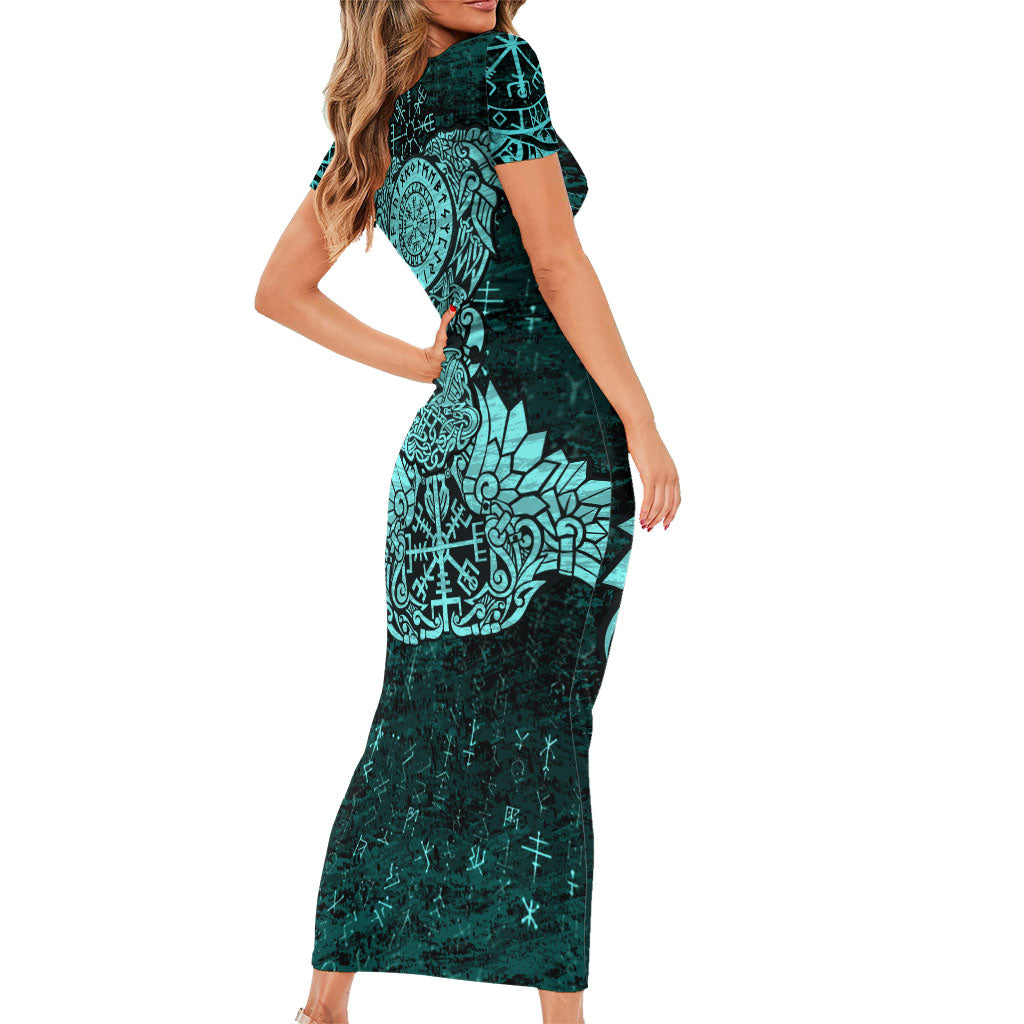 Valknut Ravens and Vegvisir Helm of Awe Short Sleeve Bodycon Dress Viking Nordic Celtic Knotwork Turquoise Runic Art