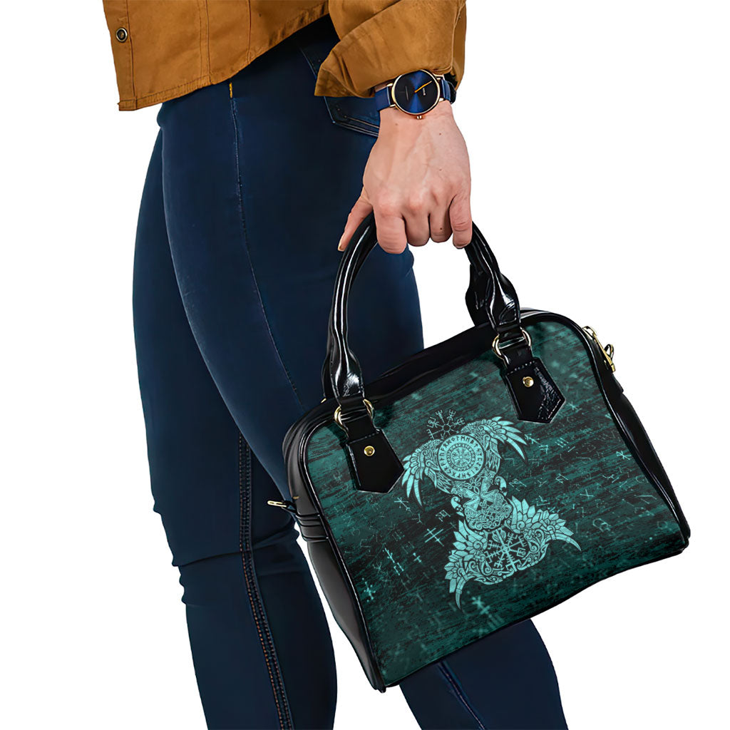 Valknut Ravens and Vegvisir Helm of Awe Shoulder Handbag Viking Nordic Celtic Knotwork Turquoise Runic Art