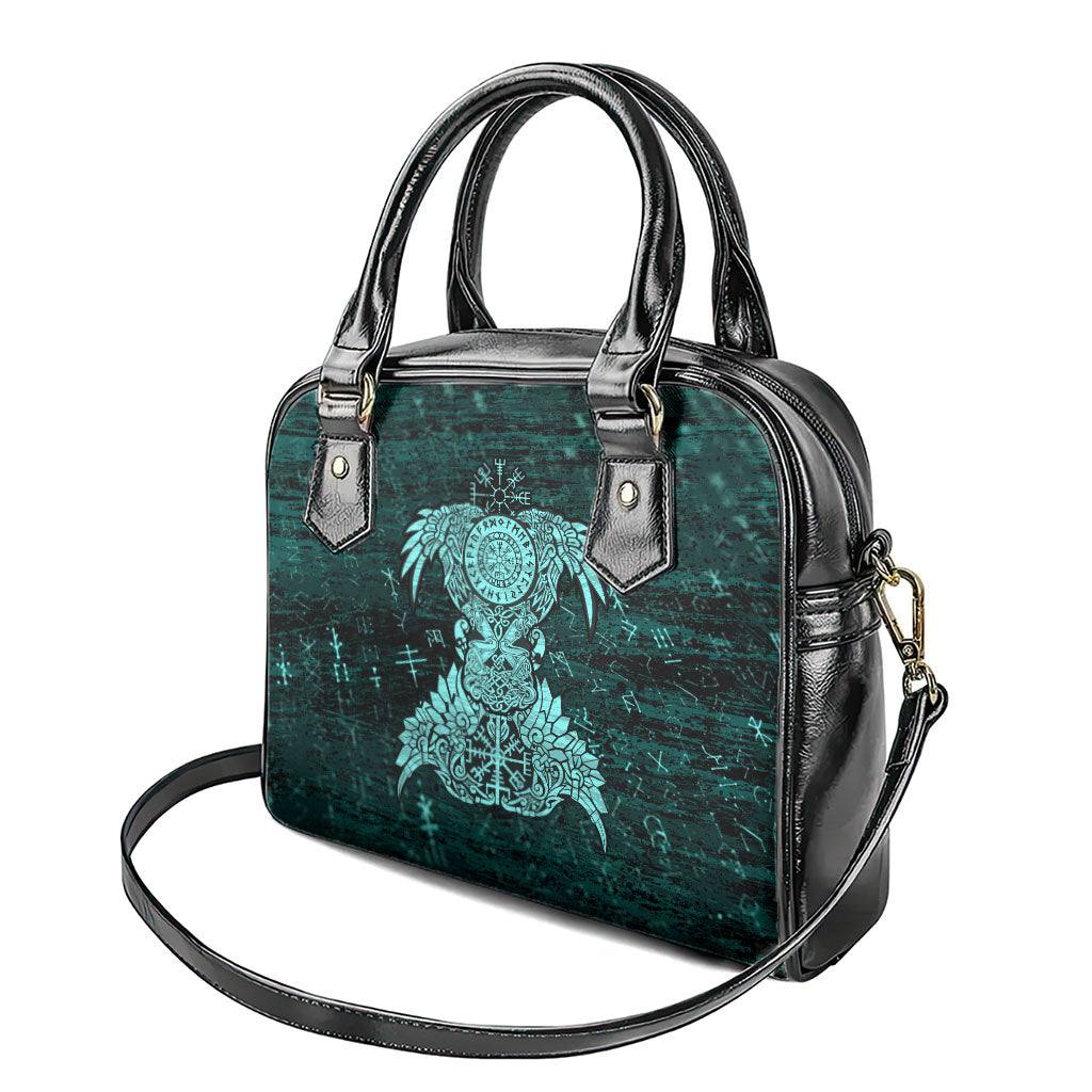 Valknut Ravens and Vegvisir Helm of Awe Shoulder Handbag Viking Nordic Celtic Knotwork Turquoise Runic Art