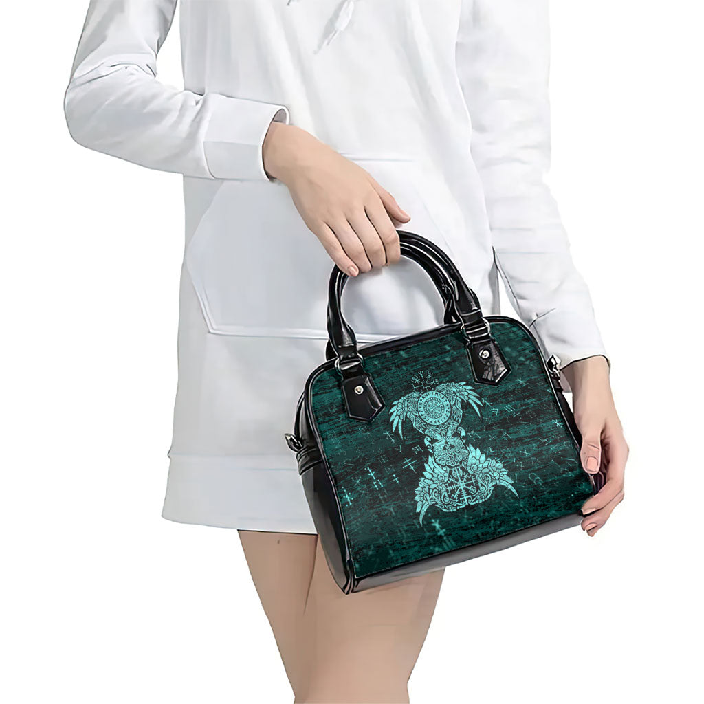 Valknut Ravens and Vegvisir Helm of Awe Shoulder Handbag Viking Nordic Celtic Knotwork Turquoise Runic Art