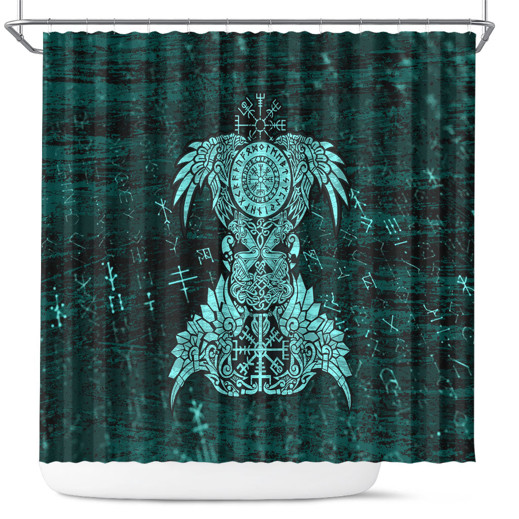 Valknut Ravens and Vegvisir Helm of Awe Shower Curtain Viking Nordic Celtic Knotwork Turquoise Runic Art